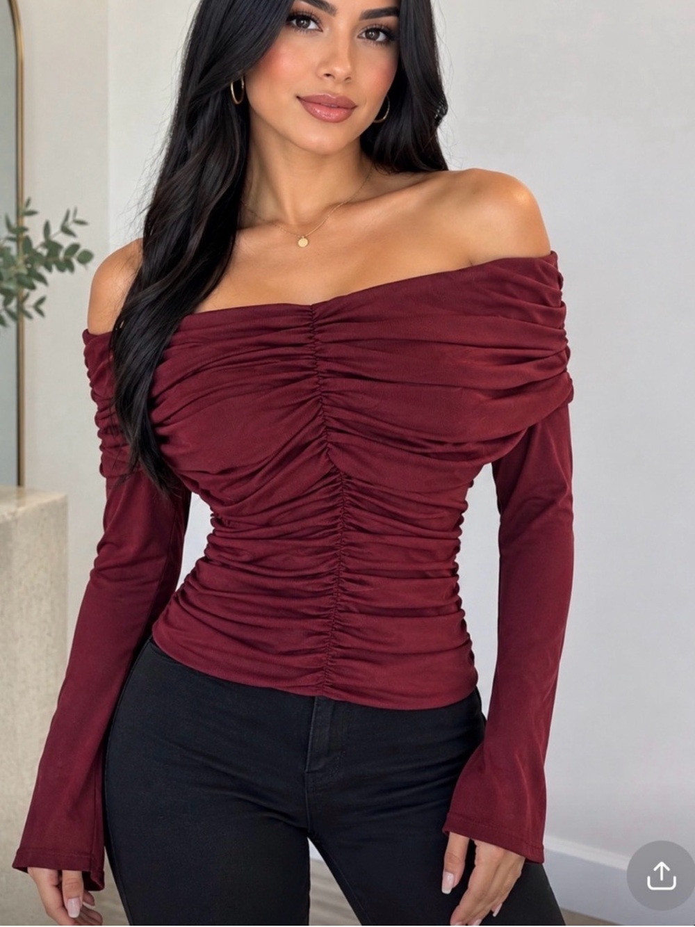 Vici Burgundy Off-Shoulder Ruched Long Sleeve Top